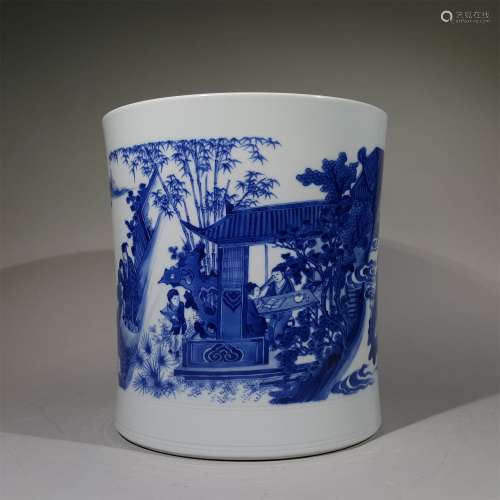A MING DYNASTY BLUE AND WHITE CHARACTER PORCELAIN BRUSH HOLDER
