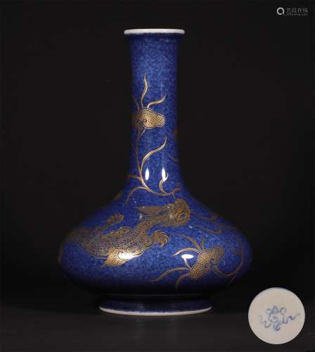A QING DYNASTY BLUDE GLAZED PAINTED GOLD BOTTLE