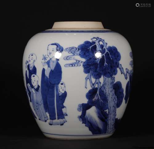 A QING DYNASTY BLUE AND WHITE CHARACTER FIGURE PORCELAIN JAR