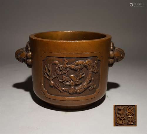 A QING DYNASTY DUO-DRAGON PATTERN DOUBLE EARS INCENSE BURNER