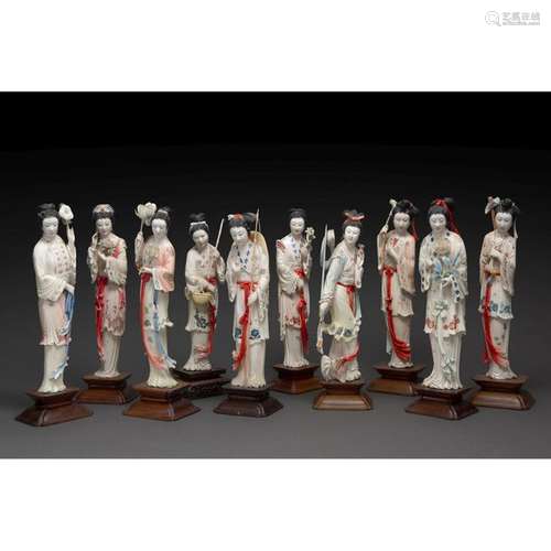 ~TEN STATUTES OF CHINESE BEAUTIES in ivory enhance…