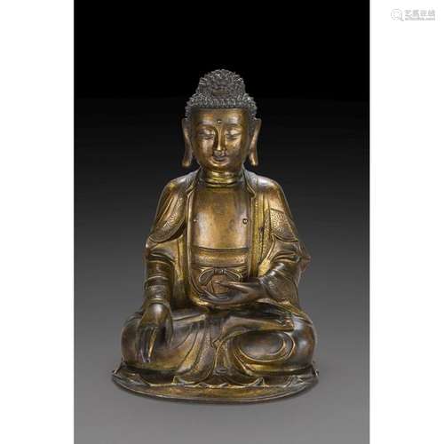 LARGE STATUETTE OF BUDDHA SHAKYAMUNI in gilt bronz…