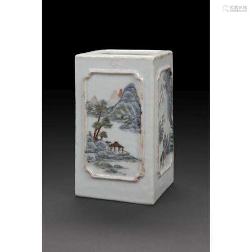 SQUARE BRUSH POT in porcelain and polychrome ename…