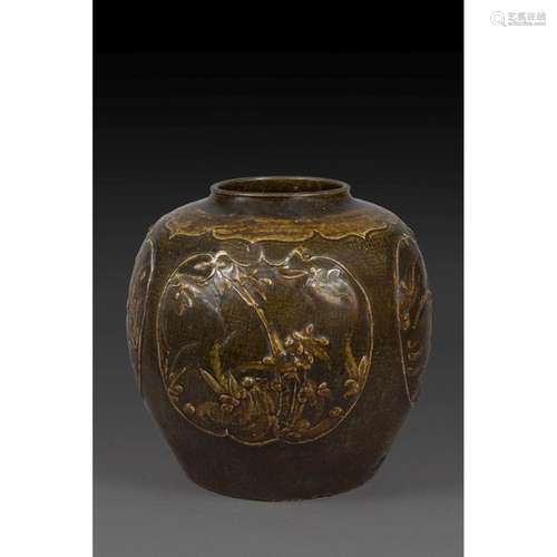 LARGE JAR in brown glazed stoneware, the broad bel…