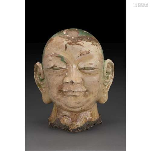 EXCEPTIONAL LUOHAN HEAD in glazed stoneware sancai…