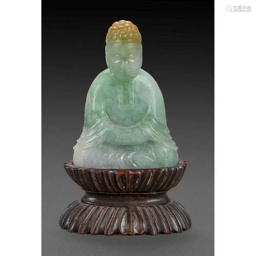 STATUETTE OF BUDDHA in celadon jadeite veined with…