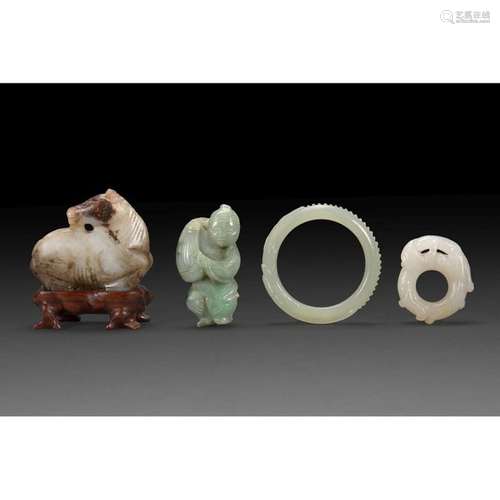 SUITE OF FOUR JADE OBJECTS, including a small hors…