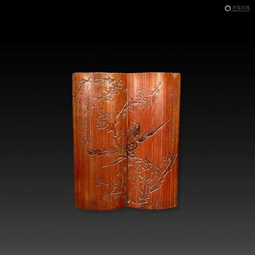 A pair of finely carved bamboo DIPTYCHES, decorate…