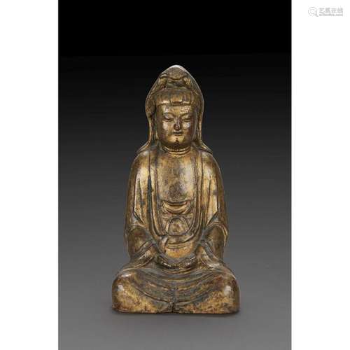 STATUETTE OF GUANYIN in carved and partially gilde…