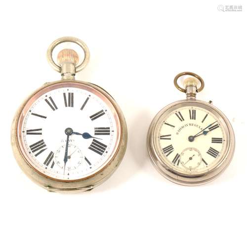 Victorian nickel plated Goliath pocket watch, eight day keyless lever movement