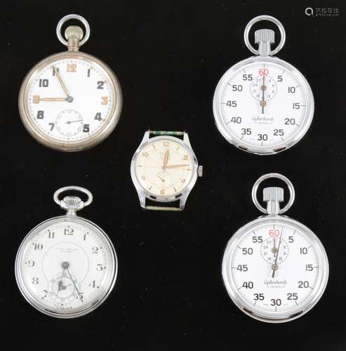 Two pocket watches, two stop watches and a wrist watch.