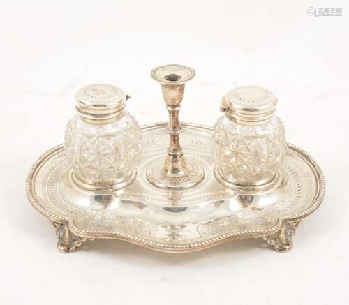 A Victorian silver two bottle inkstand by Martin, Hall & Co (Richard Martin & Ebenezer Hall),