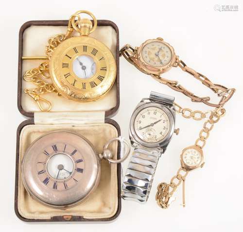 A silver half hunter pocket watch, modern Waltham pocket watch and albert chain, 2 wrist watches.