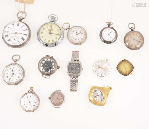 A collection of fob and pocket watches, mostly silver, wrist watch and parts.