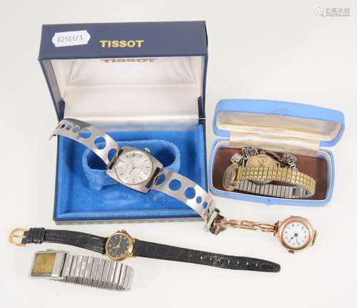 Six vintage wrist watches - Omega, Tissot, Roamer, one 9 carat gold.