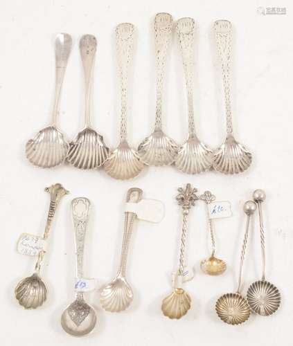 A set of four bright cut salt spoons byThomas Bradbury & Sons and nine others.