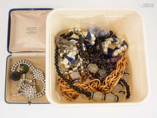 A collection of vintage costume jewellery, bead necklaces, agate disc,