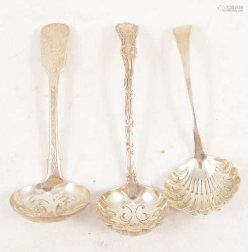 Three silver sugar sifting spoons, Birmingham.