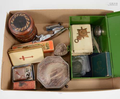 Silver trinket box, small car mascot, medals etc