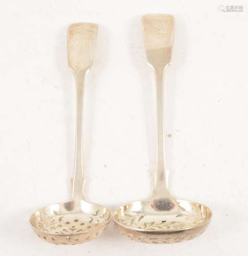 Two silver sugar sifting spoons, Exeter, plain Old English design.