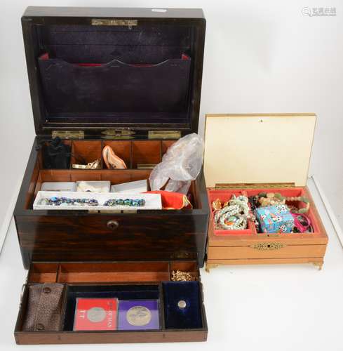 A coromandel work box, two others and costume jewellery.