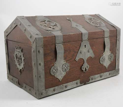 An oak and electroplate medieval style casket, and two 19th century bibles