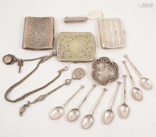 Two silver cigarette cases, one metal, cheroot holder in case, plated spoons, small dish etc.