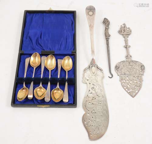 A set of six silver coffee spoons by Peter & Ann Bateman, etc,