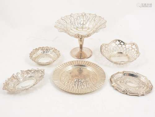 Five various silver pin trays/dishes and a plated sweet dish.