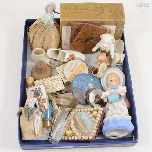 A collection of vintage sewing requisites and other advertising related items.