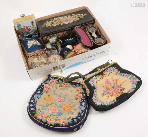 A mid 19th century woolwork and metal glove box, a collection of vintage fabric pin cushions.