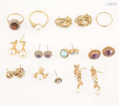 Six pairs of gold earrings, three gold rings.