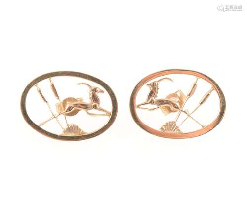 Geoffrey Bellamy for Ivan Tarratt a pair of 9 carat yellow gold leaping gazelle ear studs.