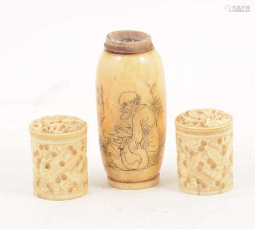 Two small Cantonese carved ivory cylindrical boxes,