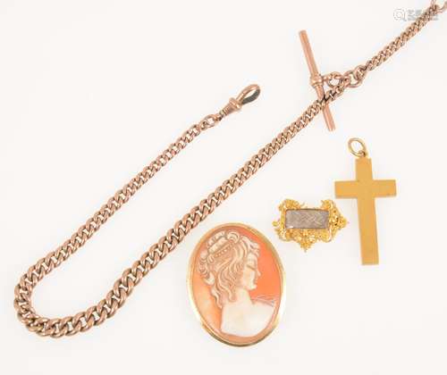 A 9 carat rose gold curb link albert watch chain and cross, cameo brooch.