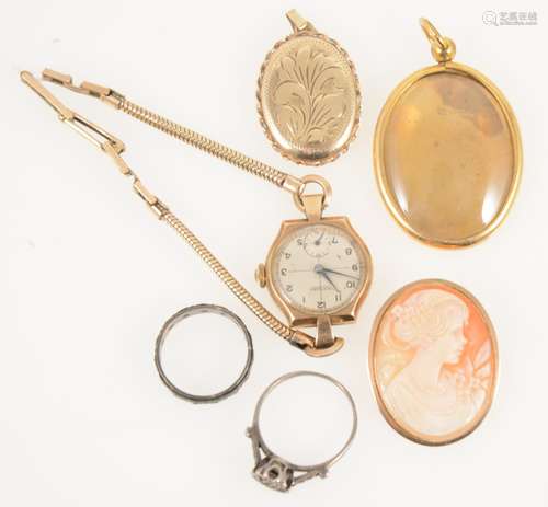 A 9 carat gold locket, RG locket, cameo brooch, gold watch with metal bracelet, 2 silver rings.