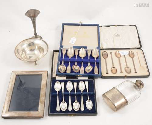 Silver spoons, hip flask, photo frame,bonbon dish.