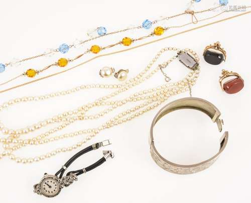 A collection of jewellery, 3 row pearl necklace, two fobs, two paste necklaces, imitation ear studs,