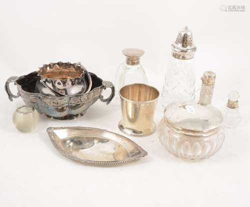 A box of mixed silver and plated wares, match striker, cologne bottle, powder bowl.