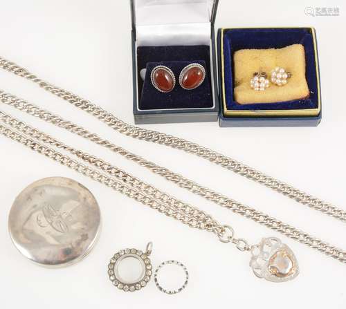 A silver watch albert, heavy silver chain, pair of cornelion earrings,