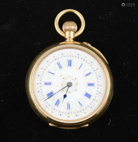 A yellow metal open face fob watch marked 0.755, 18c.