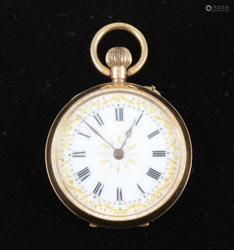 A yellow metal open face fob watch.