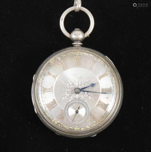 A silver open face pocket watch with double albert watch chain.