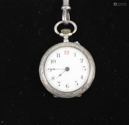 A lady's silver cased fob watch and chain.