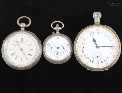 A 24 hour stop watch, silver pocket watch and counter.