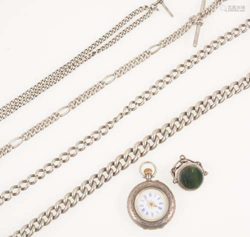 Continental silver fob watch and four silver watch chains, and a swivel fob.