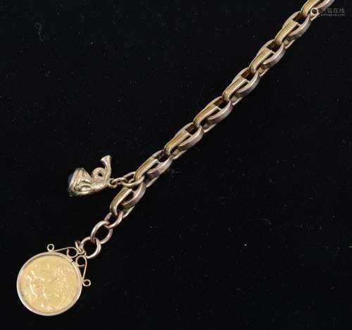 A rose metal bracelet with Half Sovereign 1913 and a small fob