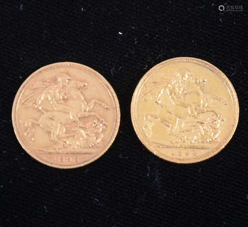 Two Victorian gold Sovereign coins, 1892 and 1893.