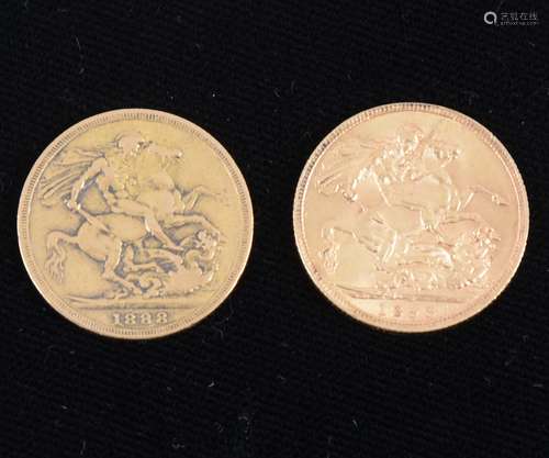 Two Victorian gold Sovereign coins, 1888 and 1893, (2).