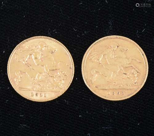 A Victorian gold half Sovereign coin, 1893 and a George V gold half Sovereign coin, 1911, (2).